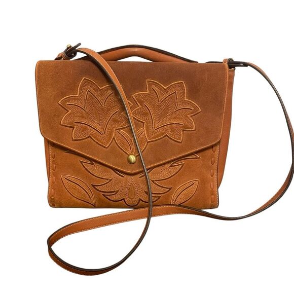 Sam Edelman Handbags - Sam Edelman Suede Floral Embossed Crossbody in Cognac Brown